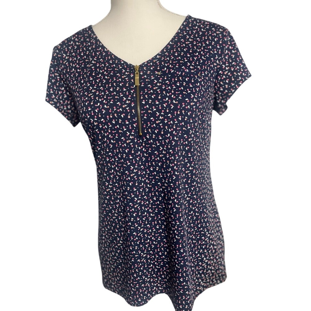 Roz & Ali Navy Blue Cherry Print Blouse Women's Small‎